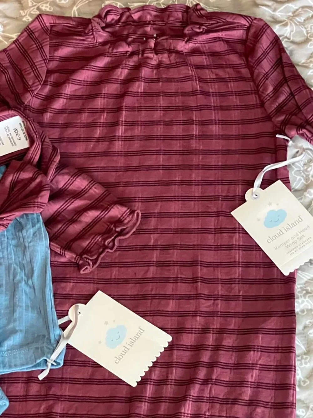 2Pc BodySuit Leggings Blue & Romper W/ Headband Maroon Size 24M